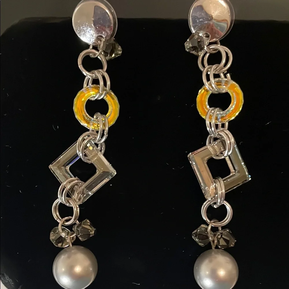 Elegant Silver and Iridescent Crystal Dangle Earrings - Picture 1 of 3